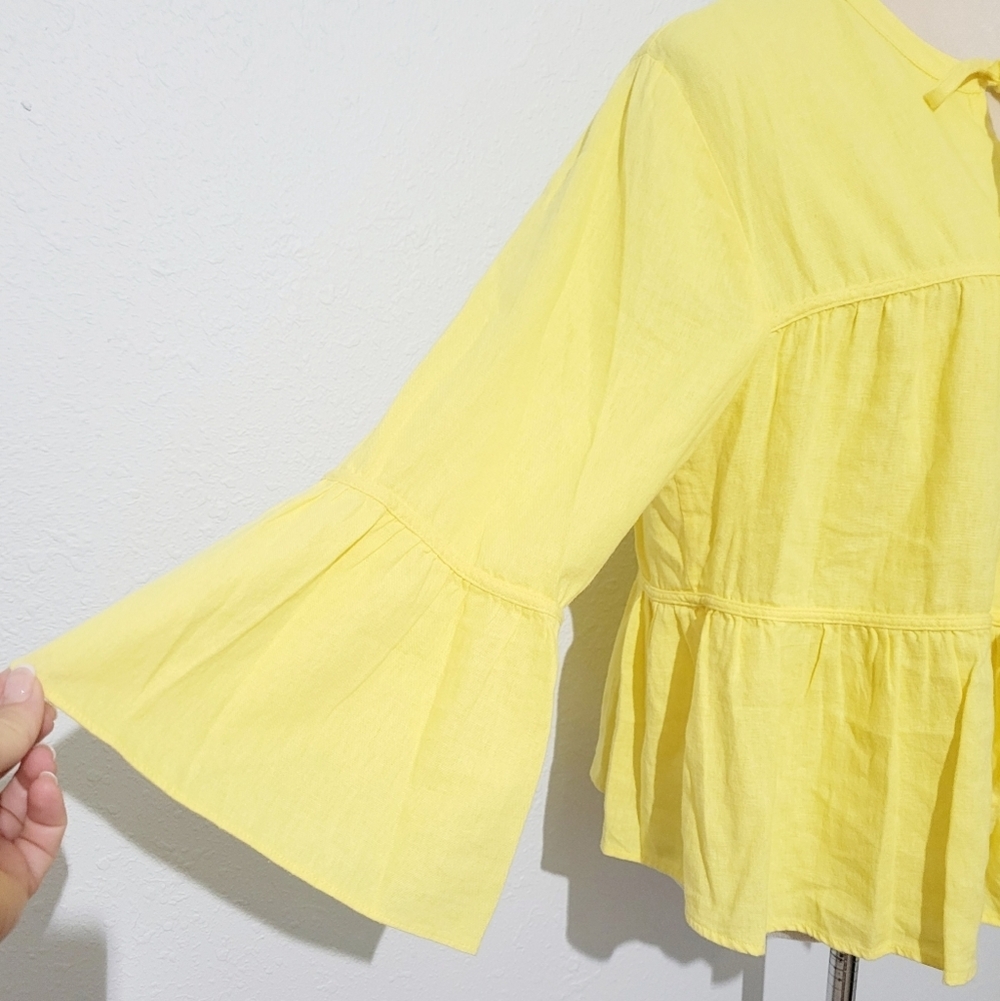 Marc New York Women’s Tie Front Linen Blend Tiered Blouse Yellow Size Large - Picture 4 of 14